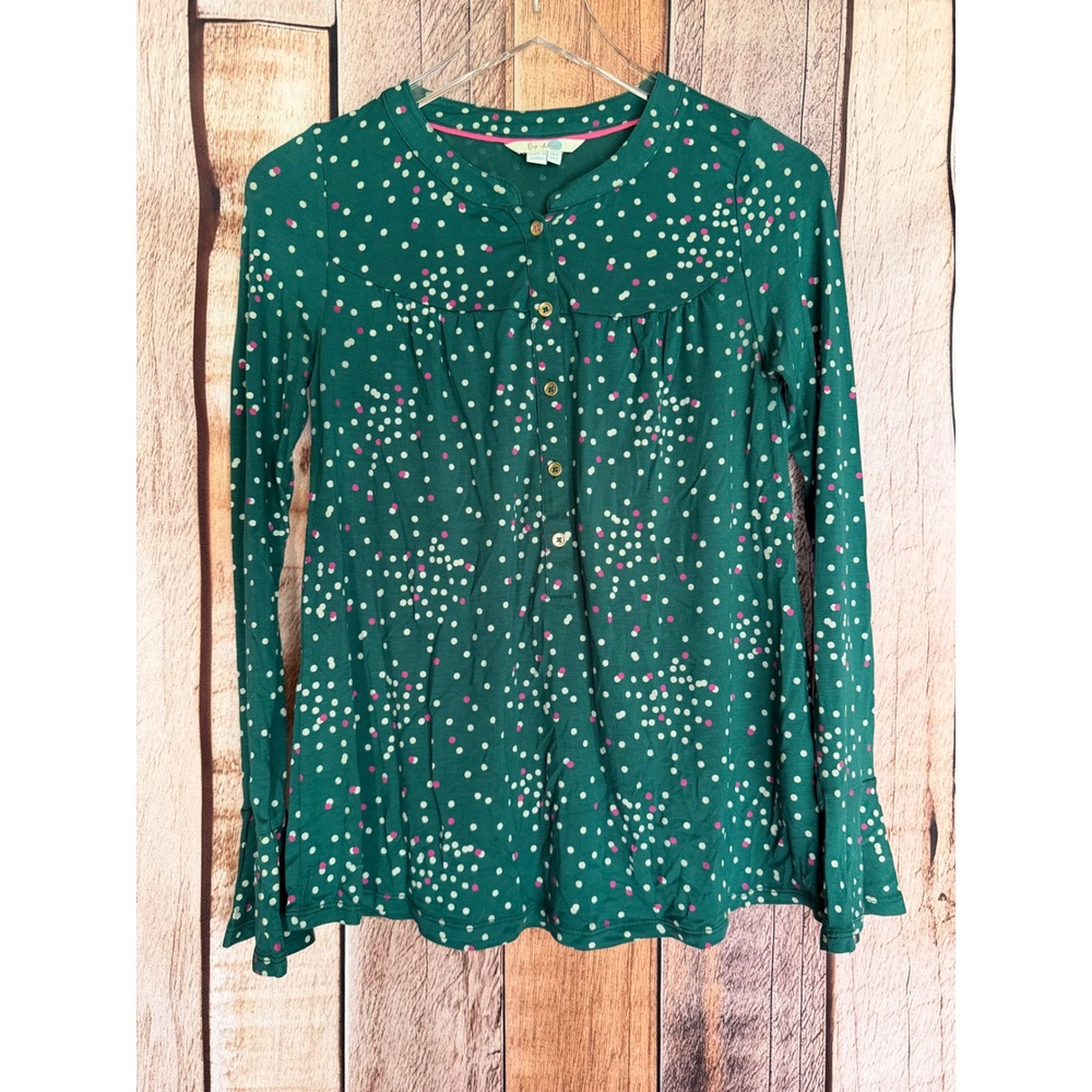Boden Long Sleeve Henley Dot Print Modal Top Green Preppy Casual Size US 2